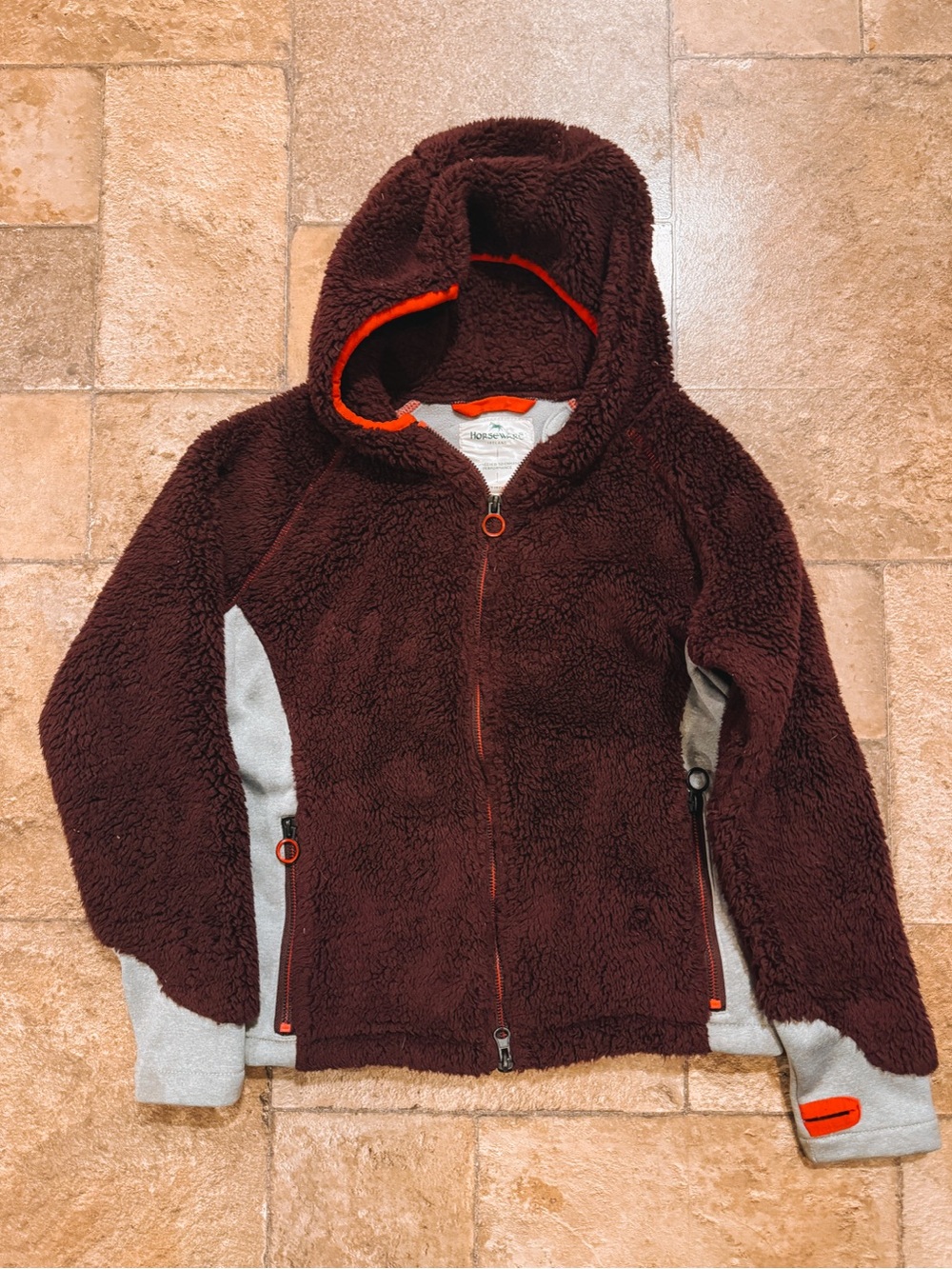 Horseware Kids Plush Hooded Zip Jacket - Burgundy/ grey / red trim